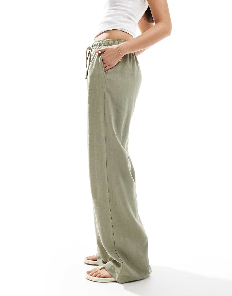 Stradivarius linen mix pull on pants in khaki