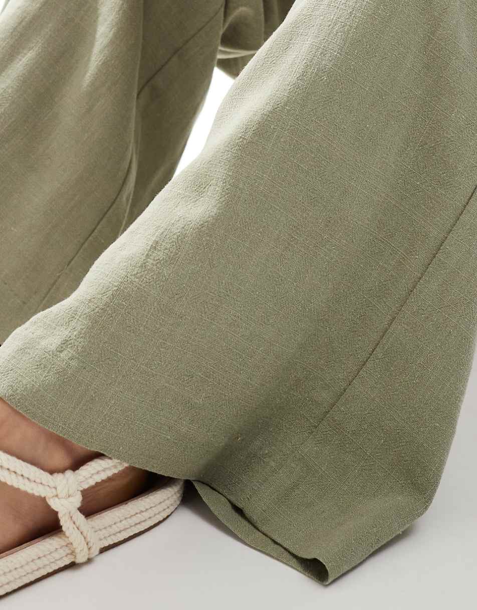 Stradivarius linen mix pull on pants in khaki