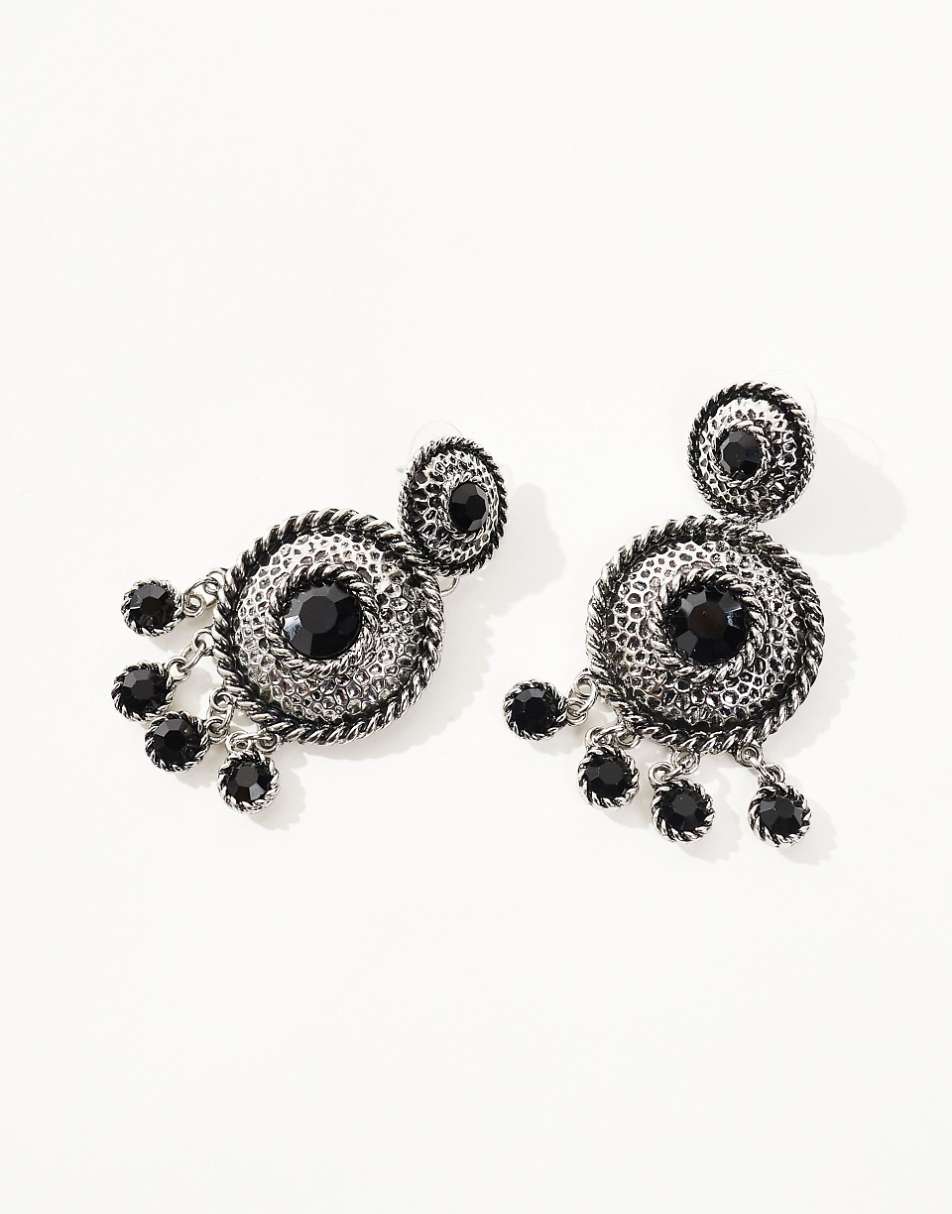 ASOS DESIGN drop earrings with burnished double circle detail with black stone in silver tone