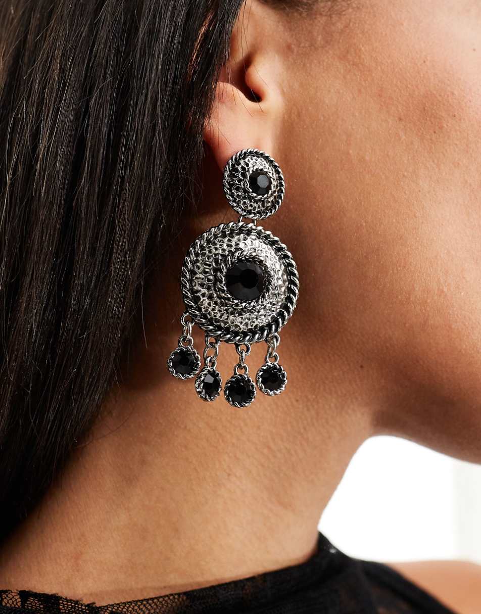 ASOS DESIGN drop earrings with burnished double circle detail with black stone in silver tone