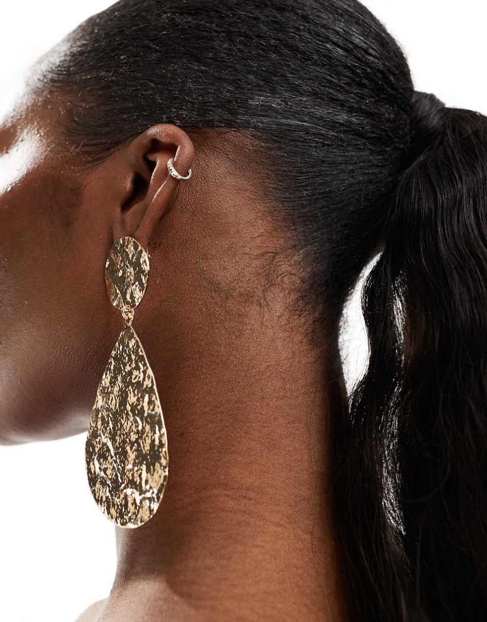 ASOS DESIGN drop earrings with hammered teardrop detail in gold tone