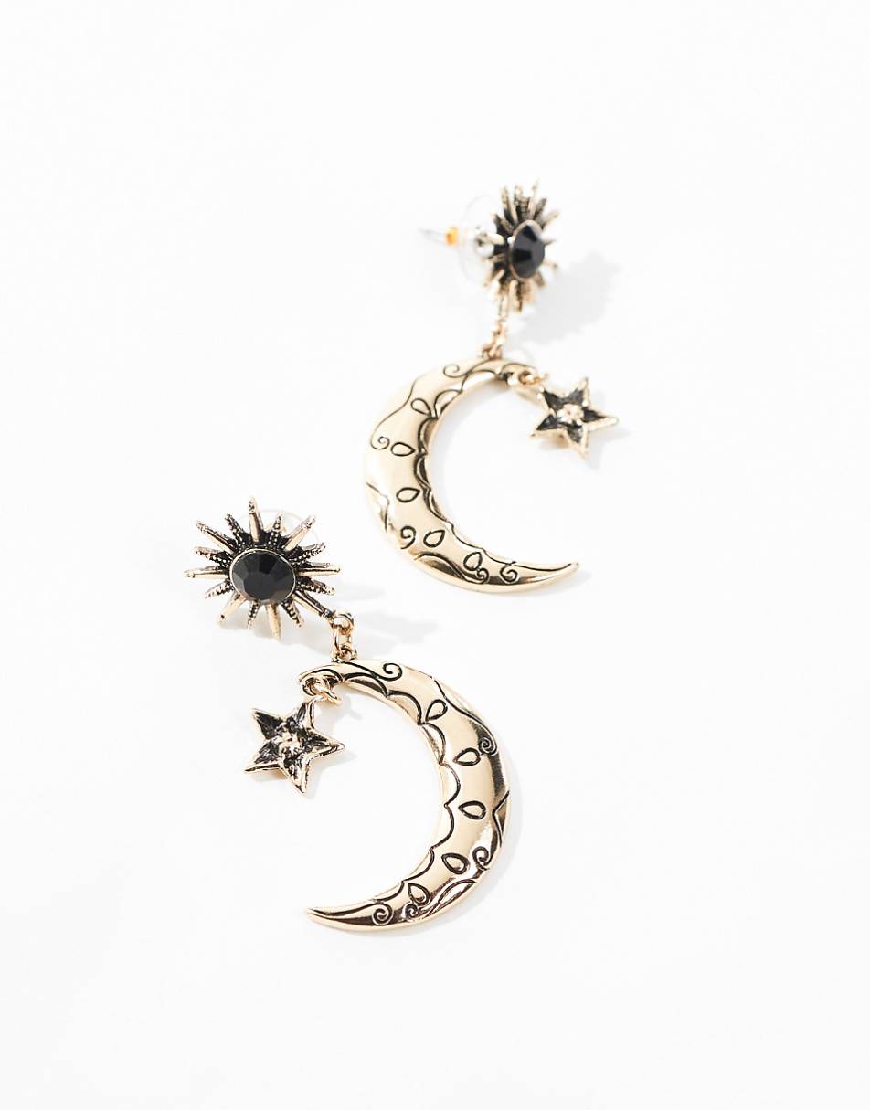 ASOS DESIGN drop earrings with celestial burnished detail in gold tone