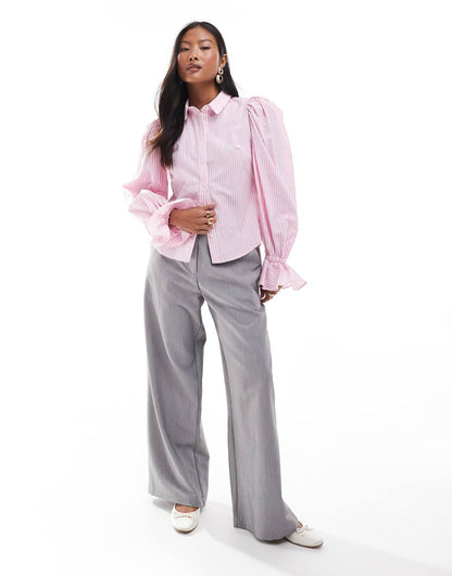 ASOS DESIGN Petite volume sleeve shirt in pink and white stripe