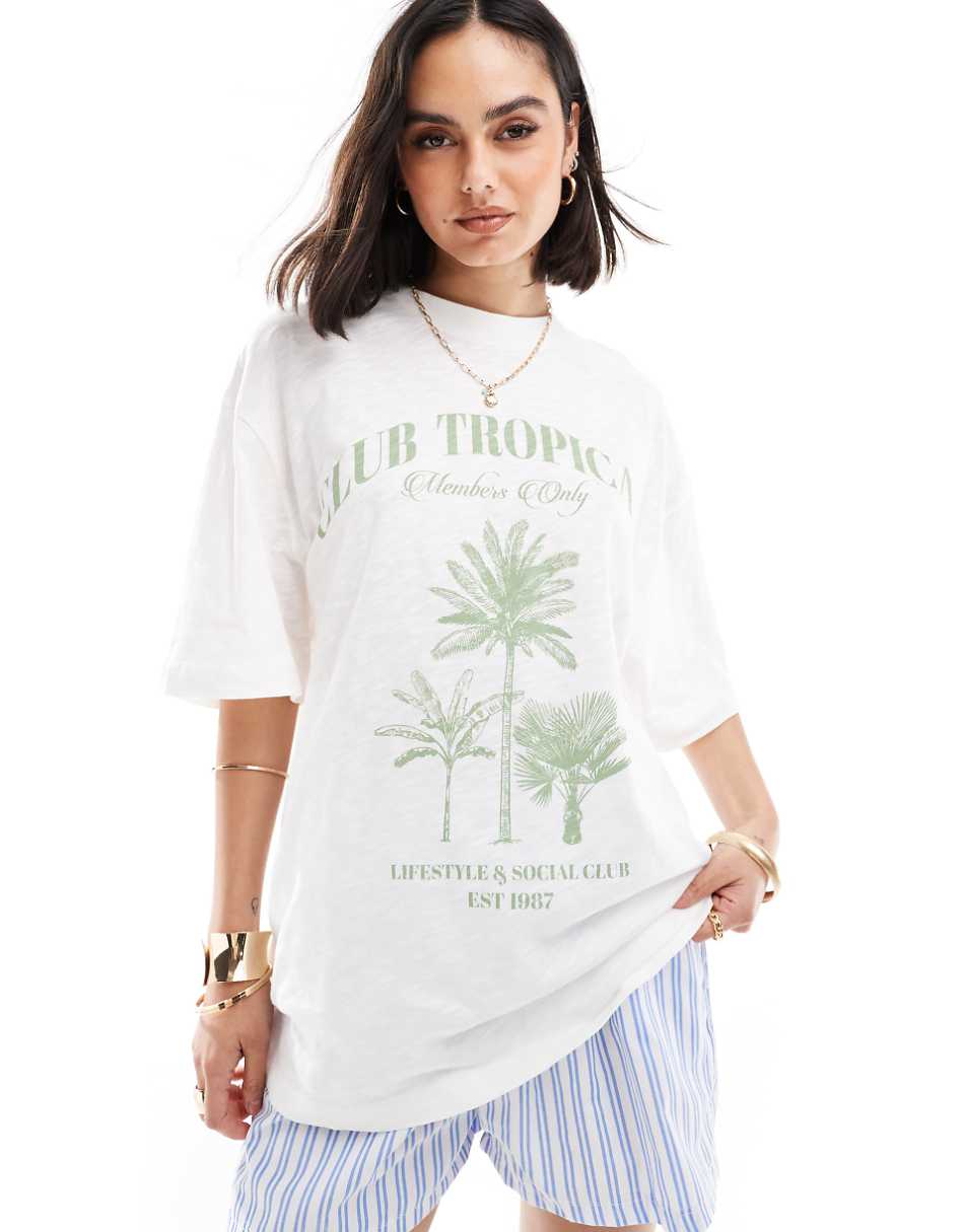 ASOS DESIGN textured boyfriend fit T-shirt with club tropicana graphic in cream