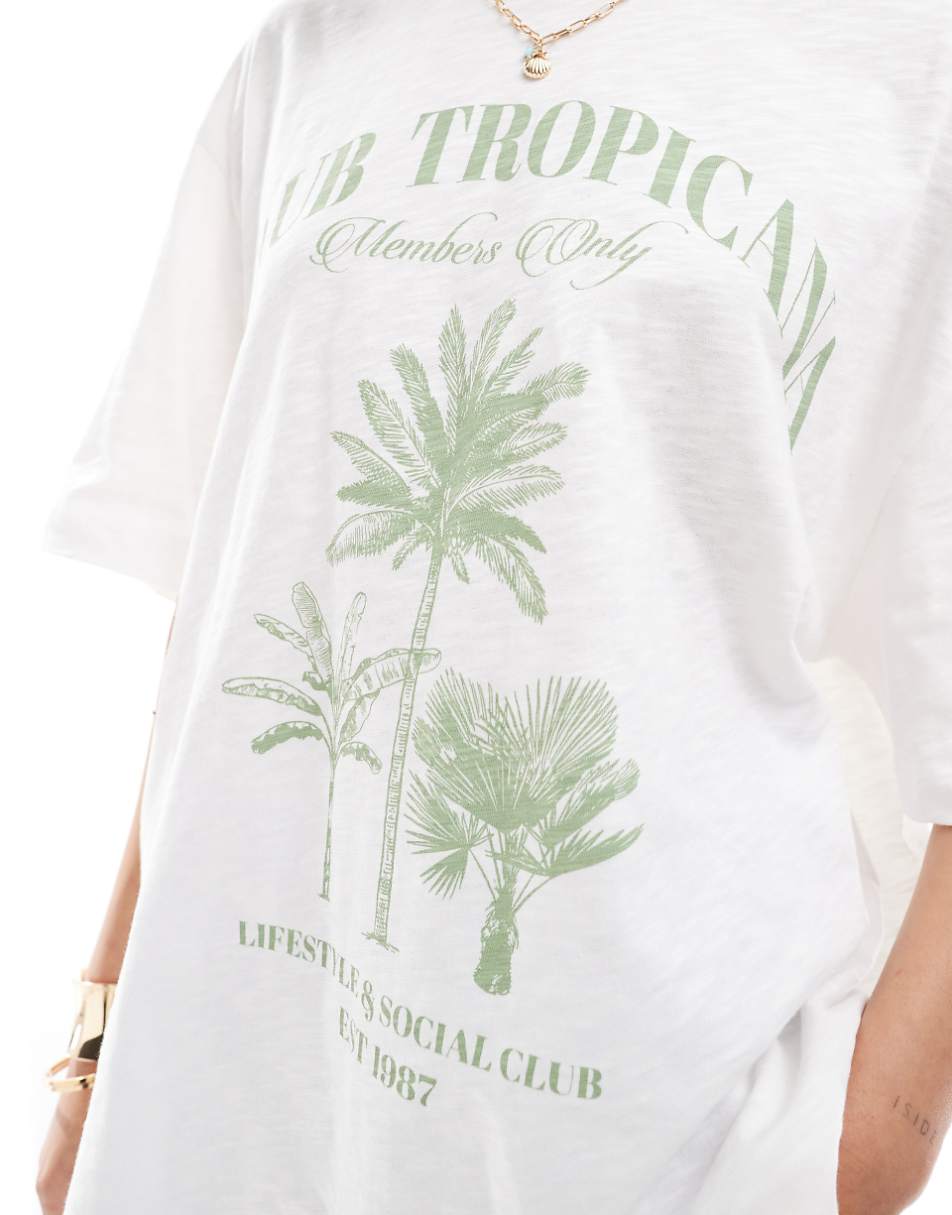 ASOS DESIGN textured boyfriend fit T-shirt with club tropicana graphic in cream