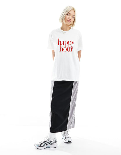 ASOS DESIGN oversized T-shirt with happy hour graphic in white