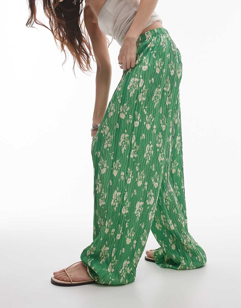 Topshop floral crinkle plisse wide leg pants in green