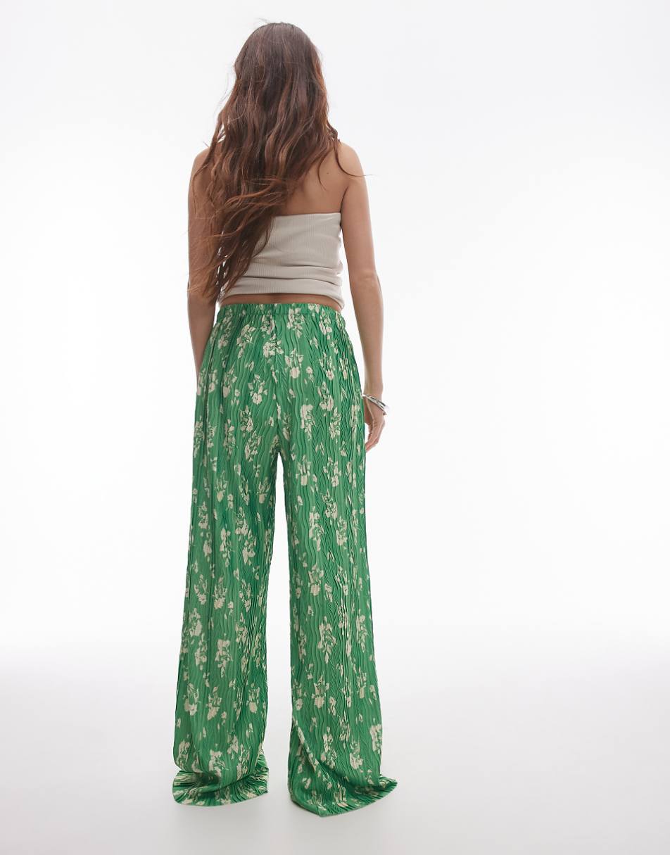 Topshop floral crinkle plisse wide leg pants in green