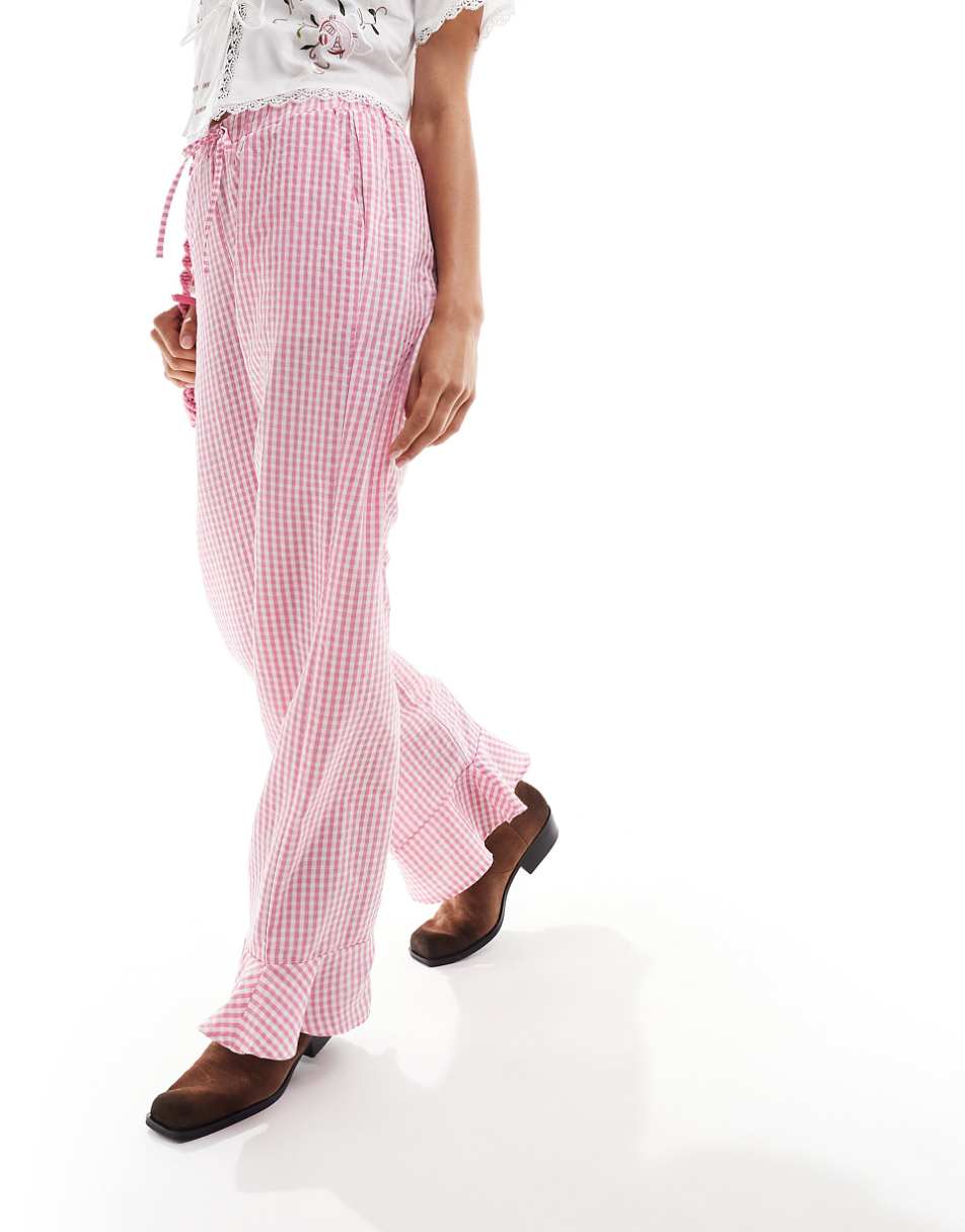 Reclaimed Vintage pull on pants with frill bottom in pink gingham