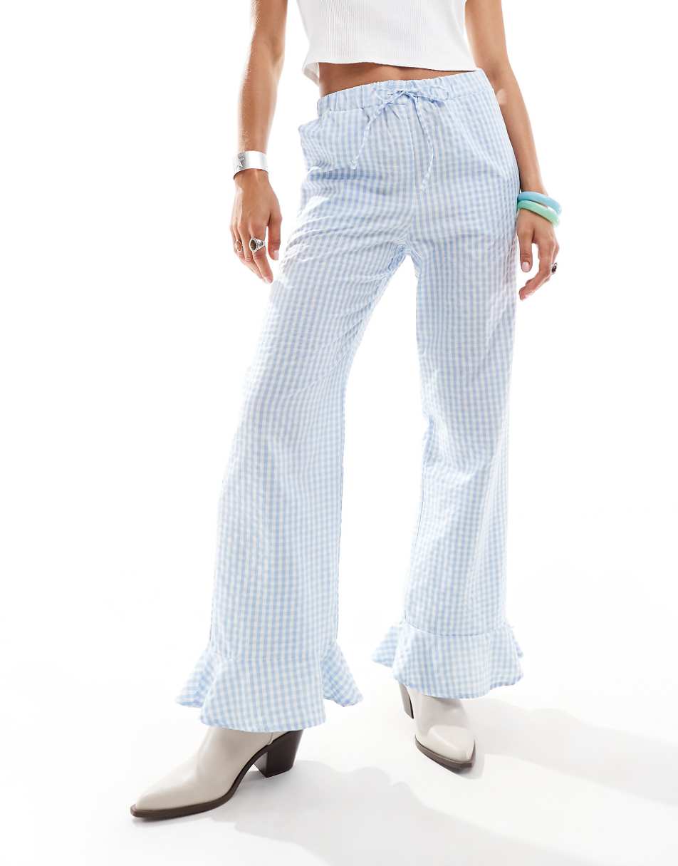 Reclaimed Vintage pull on pants with frill bottom in blue gingham