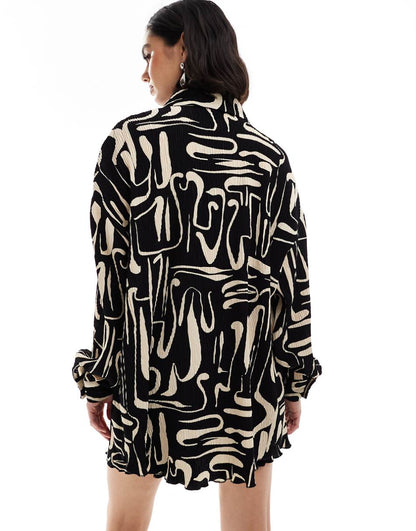 Extro & Vert plisse shirt in camel and black abstract print - part of a set