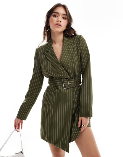 Extro & Vert belted mini blazer dress in khaki stripe
