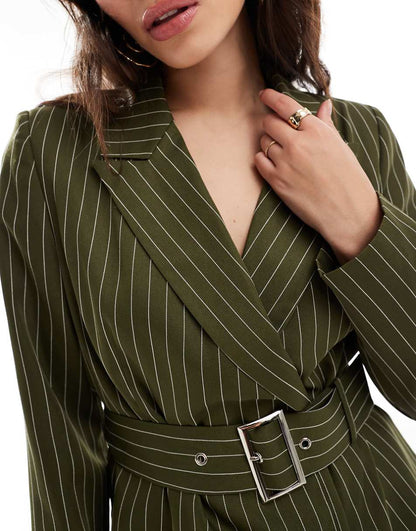 Extro & Vert belted mini blazer dress in khaki stripe