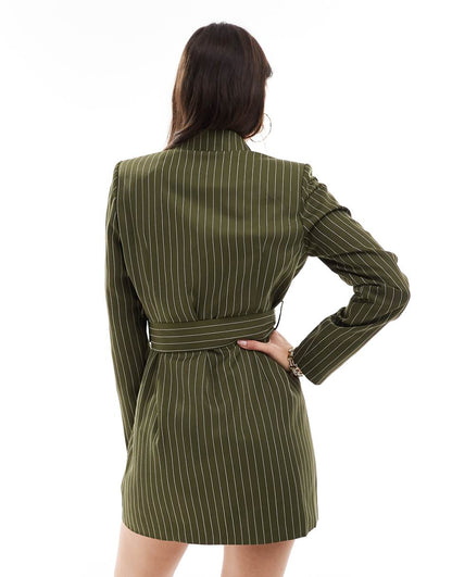 Extro & Vert belted mini blazer dress in khaki stripe