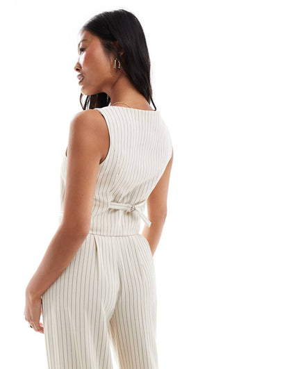 Extro & Vert Petite fitted pinstripe vest in stone - part of a set
