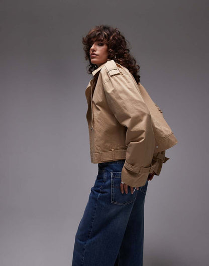 Topshop cropped cotton trench coat in stone