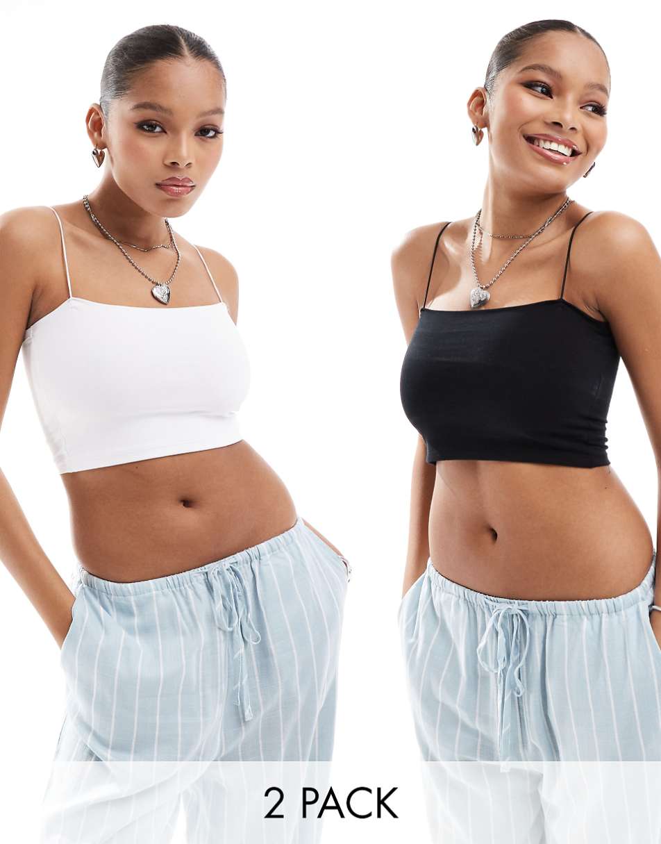 Pull&Bear 2 pack strappy ribbed tube crop top in white & black