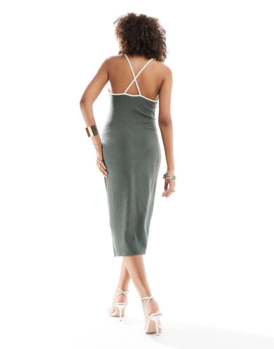 Pull&Bear strappy backless contrast trim textured maxi dress in khaki green