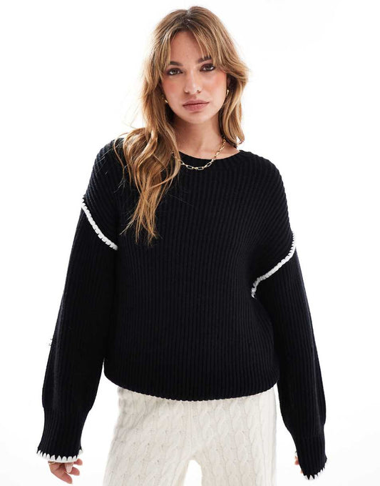 4th & Reckless contrast stitch dropped shoulder sweater in black