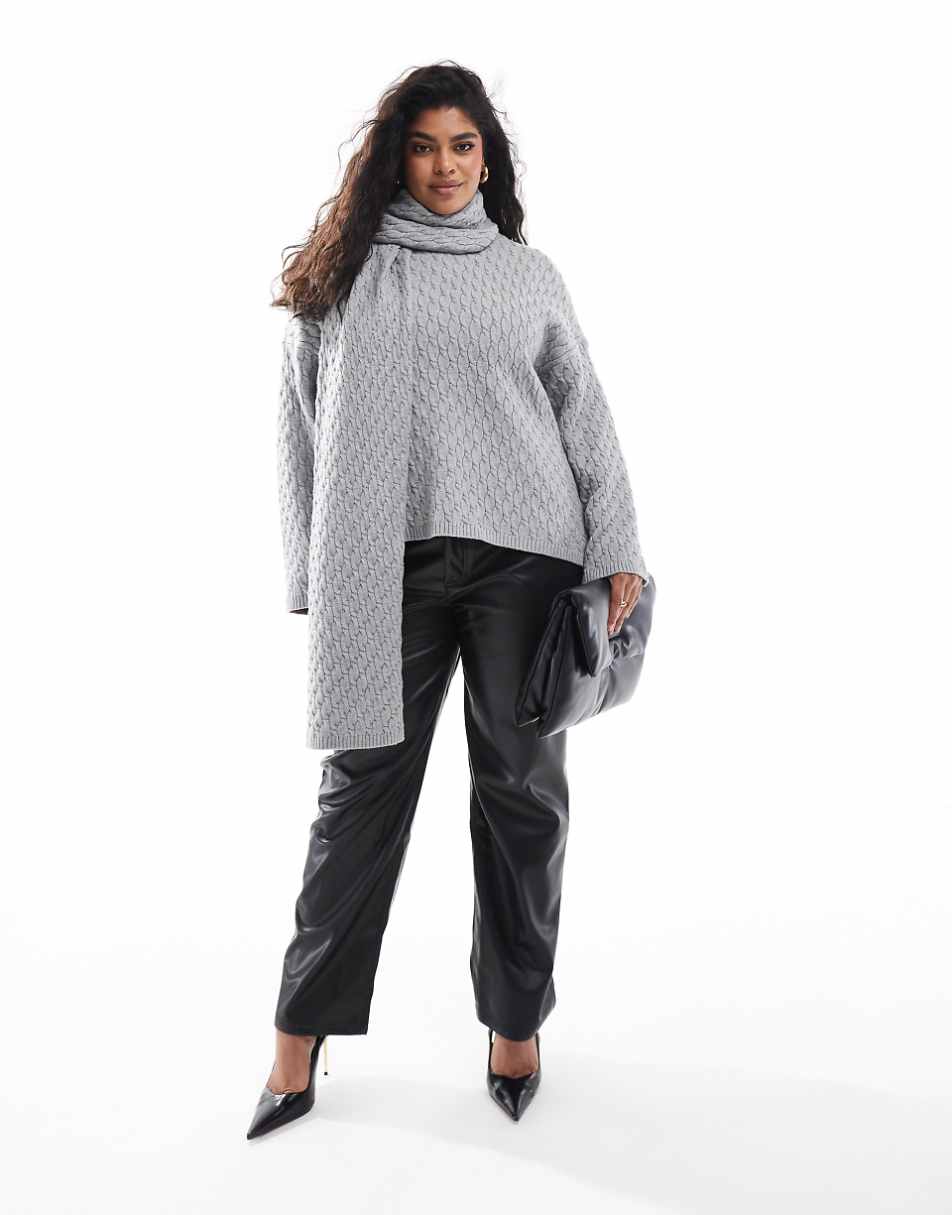 4th & Reckless Plus cable knit sweater with scarf in gray