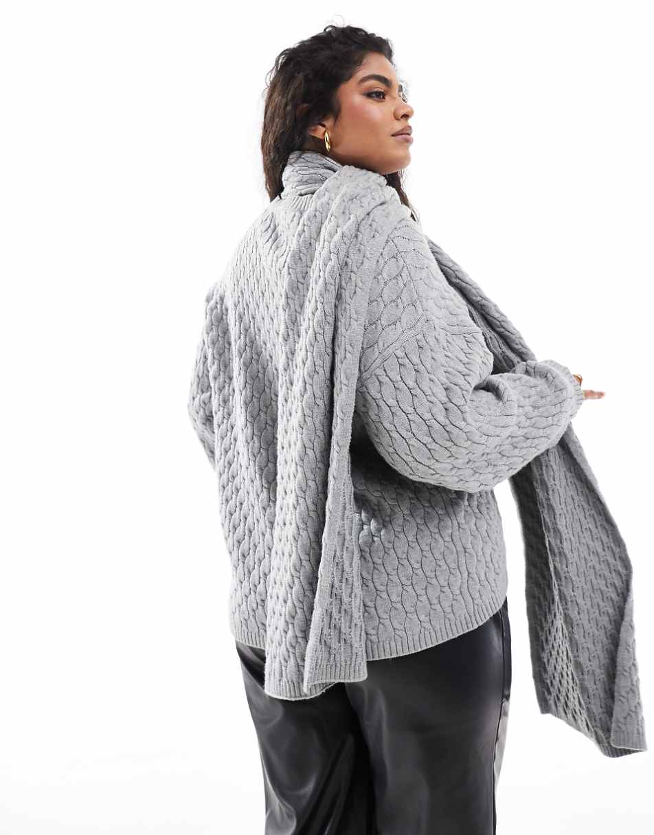 4th & Reckless Plus cable knit sweater with scarf in gray