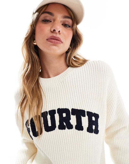 4th & Reckless knit rib logo crew neck sweater in cream