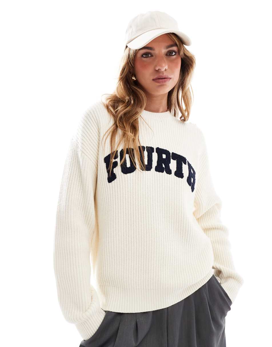 4th & Reckless knit rib logo crew neck sweater in cream