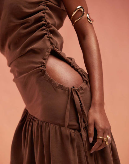 ASOS DESIGN soft draped midi dress with drawstring tie sides in chocolate