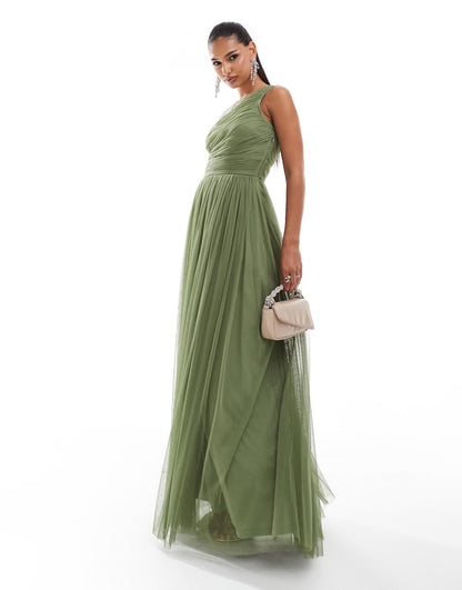 Lace & Beads Bridesmaid one shoulder tulle maxi dress in soft olive