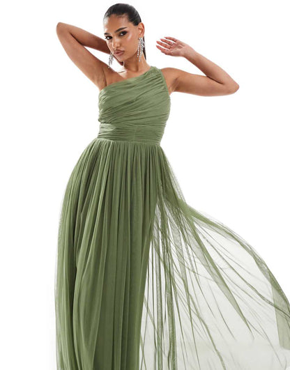 Lace & Beads Bridesmaid one shoulder tulle maxi dress in soft olive