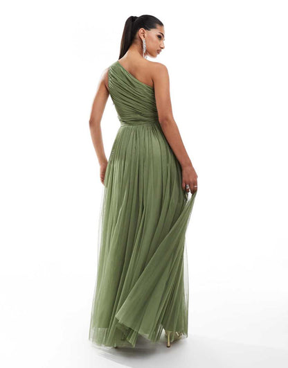 Lace & Beads Bridesmaid one shoulder tulle maxi dress in soft olive
