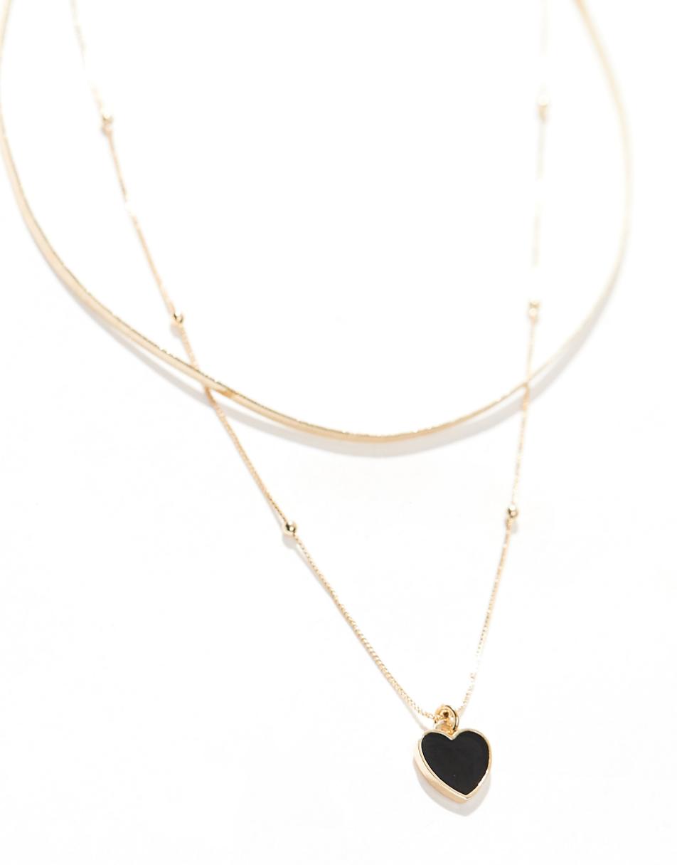 ASOS DESIGN pack of 2 necklaces with black enamel heart chain in gold tone