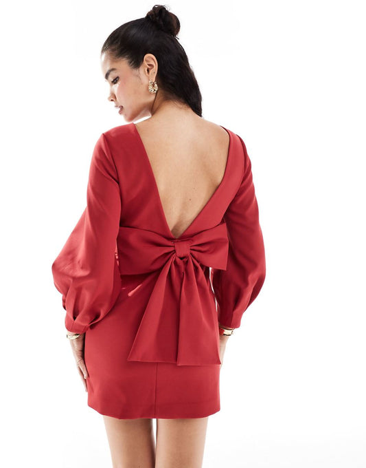Ever New long sleeve bow back mini dress in deep red