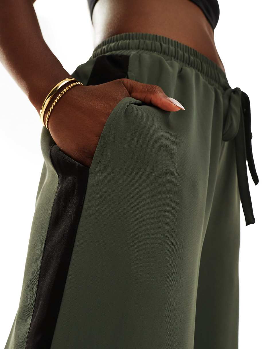 ASOS DESIGN contrast panel wide leg pull on pants in olive