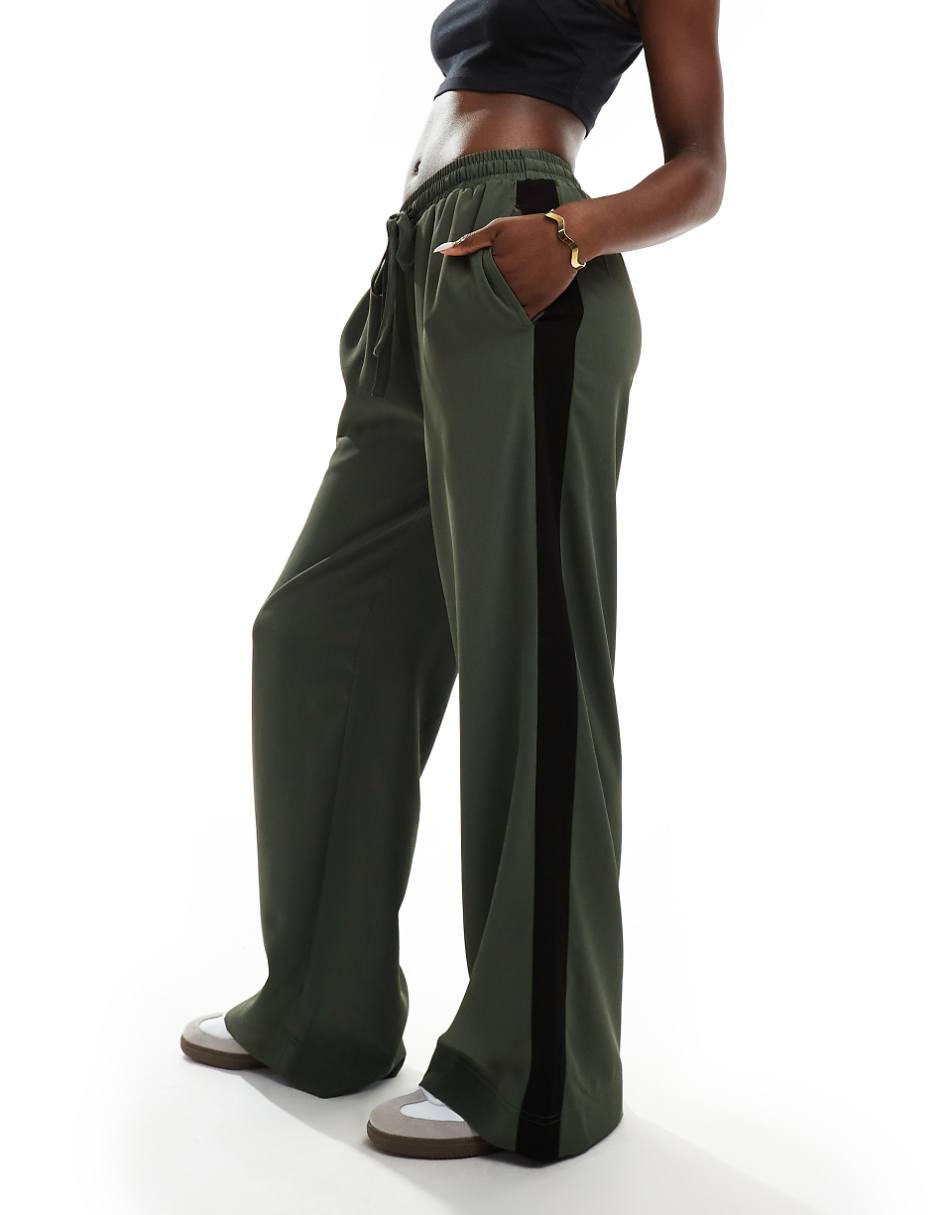 ASOS DESIGN contrast panel wide leg pull on pants in olive