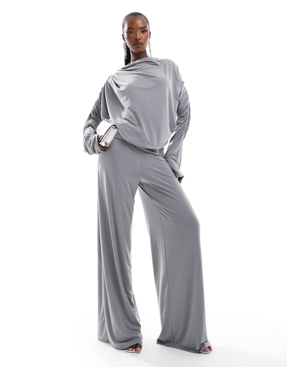 ASOS DESIGN long sleeve ruched wide leg jumpsuit in gray