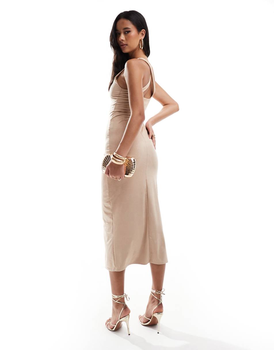 ASOS DESIGN faux suede scooped halter midi dress with cross back straps in stone