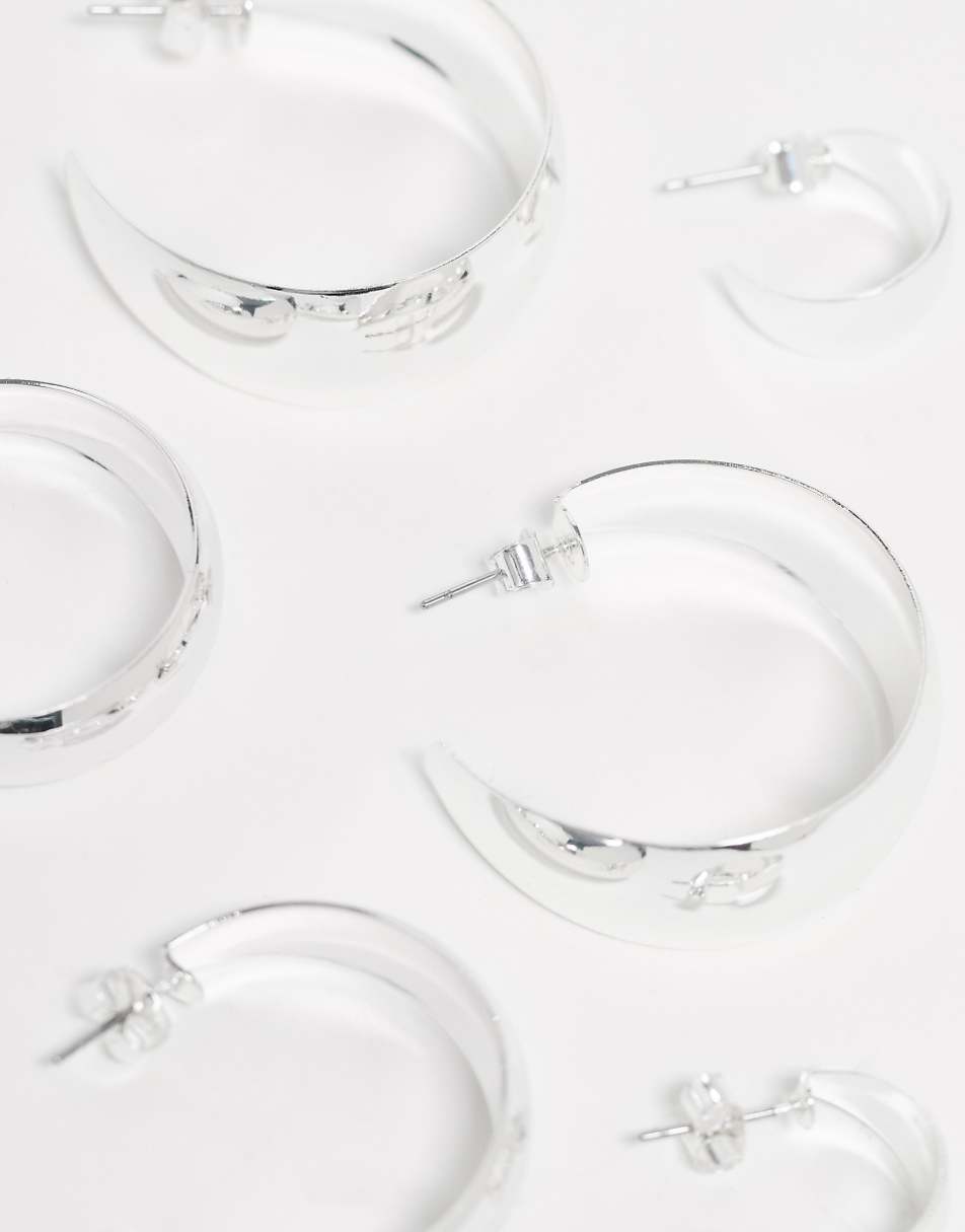 Monki 3 pack chunky wide hoops in silver