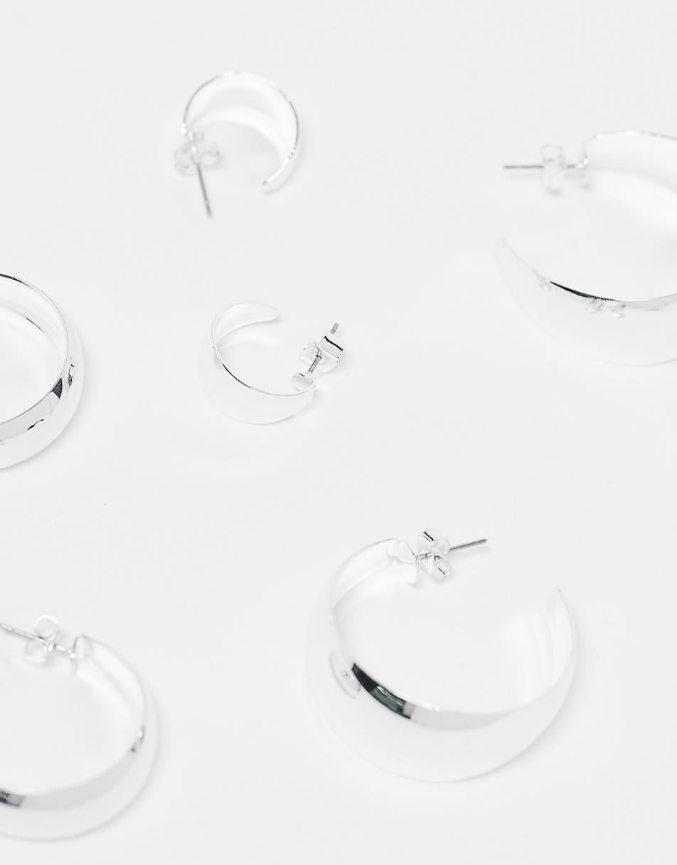 Monki 3 pack chunky wide hoops in silver