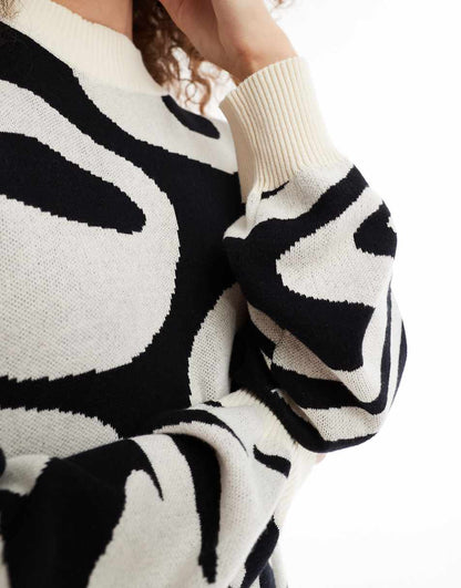Monki oversized knit jacquard mini dress in black and white swirl pattern