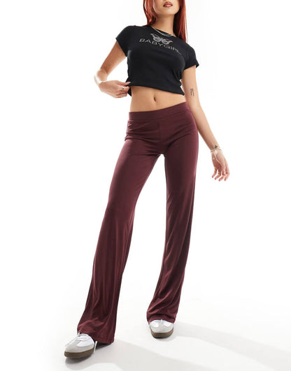 Monki super soft low waist straight leg baggy jersey pants in burgundy