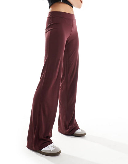 Monki super soft low waist straight leg baggy jersey pants in burgundy