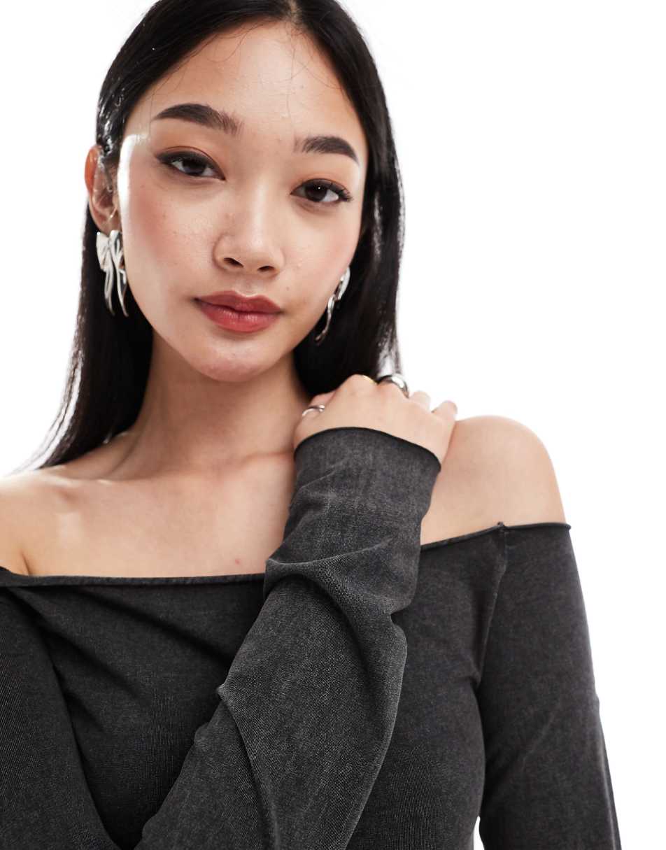 Monki off the shoulder relaxed fit long sleeve top in washed black