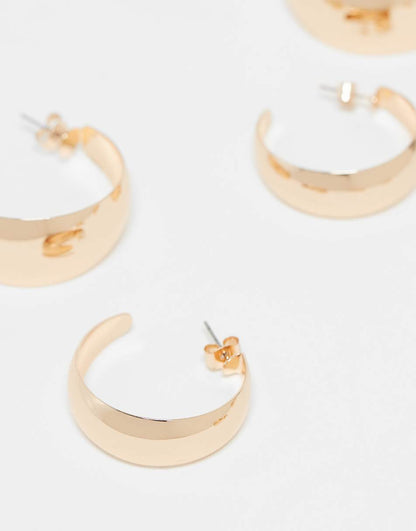 Monki 3 pack chunky wide hoops in gold