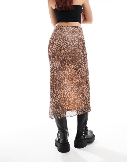 Monki mesh midi skirt with side slit in brown leopard print