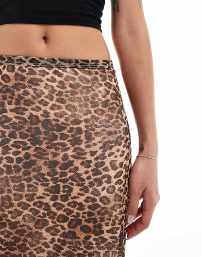 Monki mesh midi skirt with side slit in brown leopard print