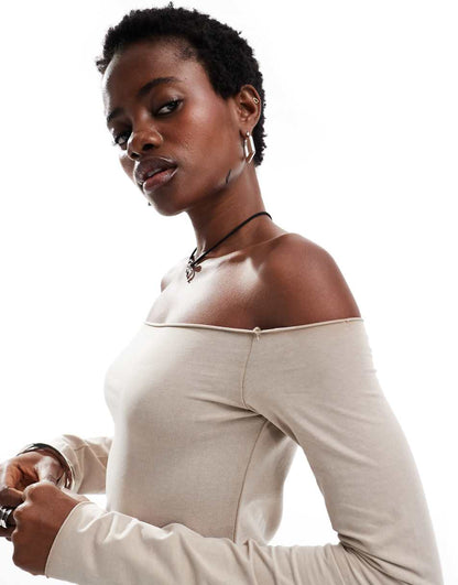 Monki off the shoulder relaxed fit long sleeve top in beige