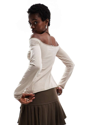 Monki off the shoulder relaxed fit long sleeve top in beige