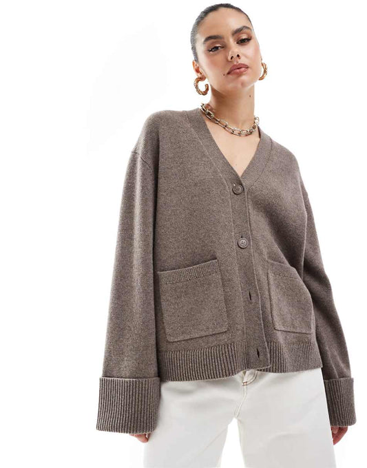 & Other Stories exclusive wool blend cardigan with cuffed sleeves in mole brown