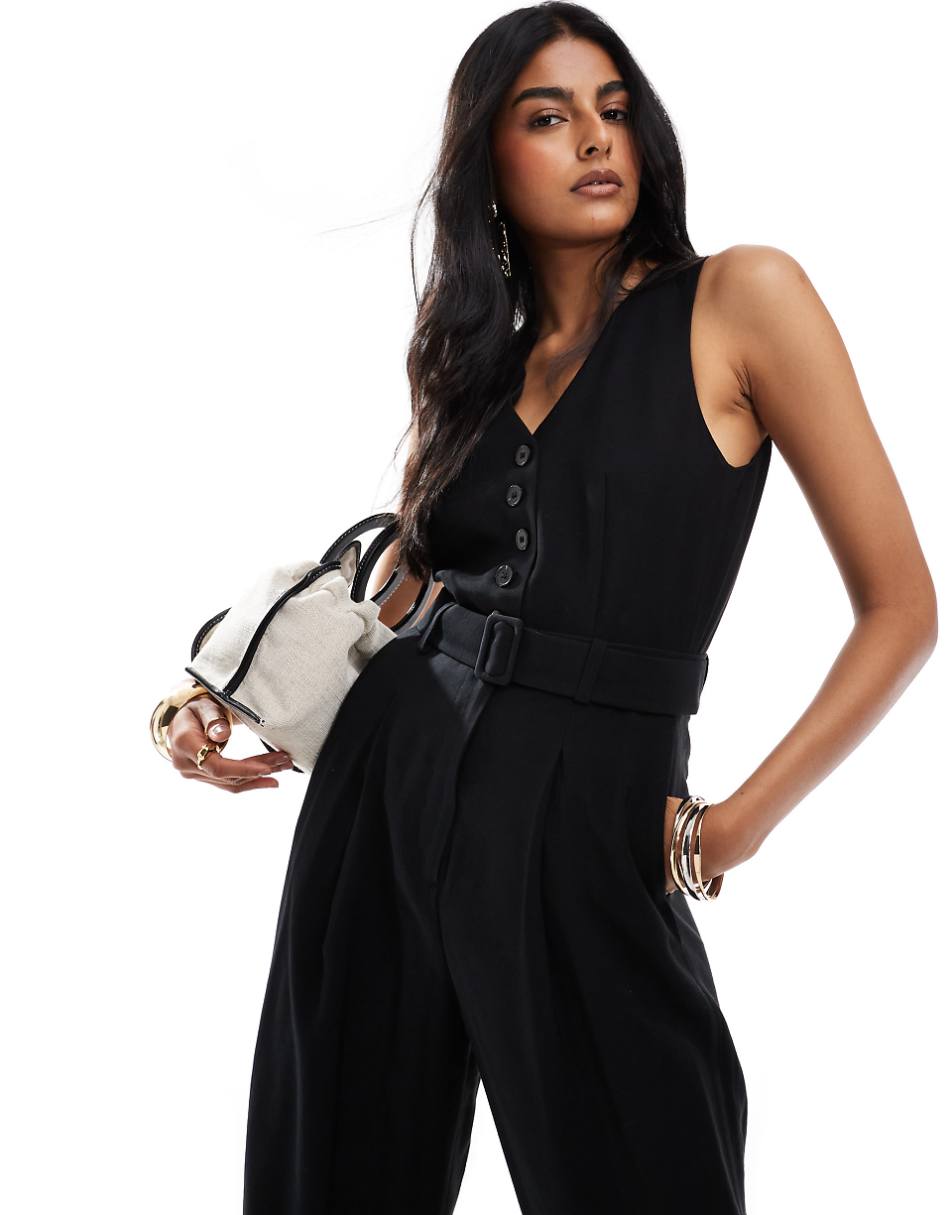 & Other Stories tailored wide leg jumpsuit with belt in black